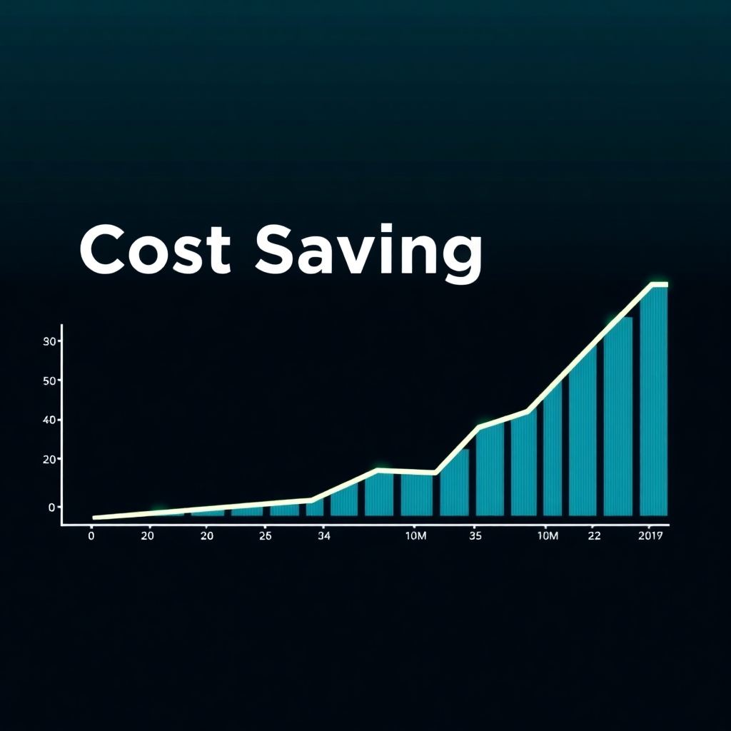 An image demonstrating cost savings through automation, possibly through a graph showing a downward trend in operational expenses.  The style should be clean and professional, showcasing data visually to emphasize cost-effectiveness. The lighting should be clear and bright, highlighting the downward trend in costs. The colors should be a combination of blues and greens to represent efficiency, using a slightly darker palette to suggest a more professional and mature feel.