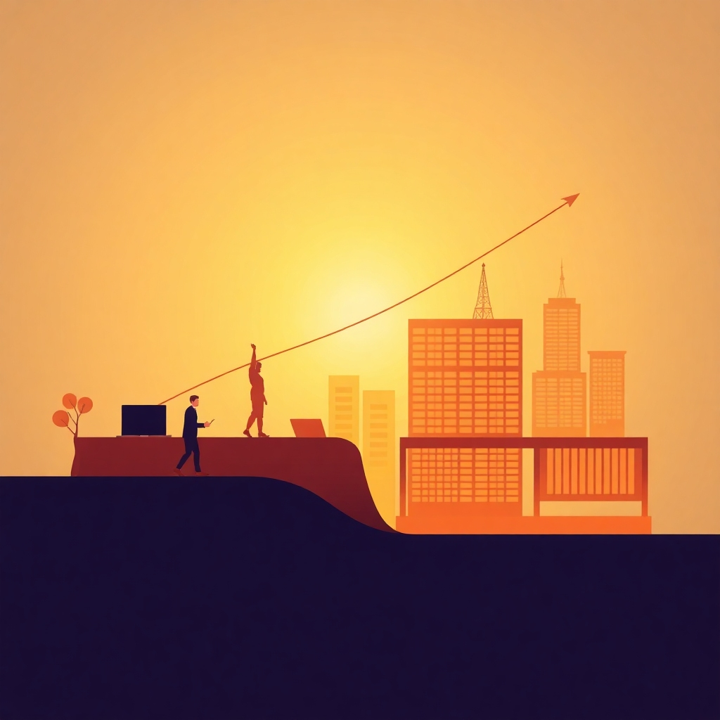 An image demonstrating the scalability of the software, perhaps with an illustration of a small start-up growing into a large corporation, using the software throughout. The imagery should be stylized, using warm colors to convey growth and trust. The lighting should be soft and gentle, emphasizing the overall positive and successful growth depicted.