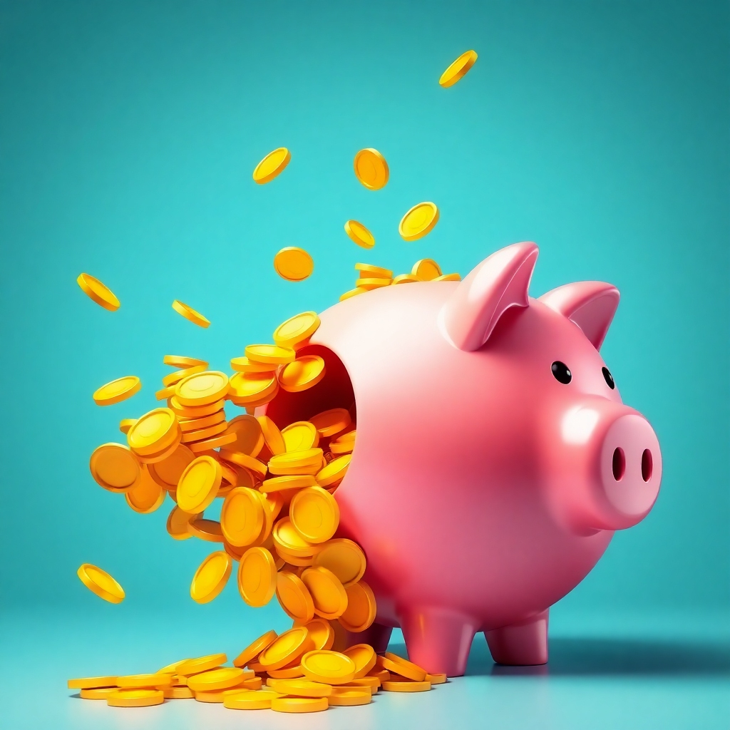 An image depicting a flowing stream of golden coins pouring into a large piggy bank. The colors are vibrant, with gold representing wealth, and the piggy bank is large enough to represent significant revenue generation. This stylized image uses a 4K resolution and high-quality rendering to ensure clarity.  The background could be a simple, clean design that doesn't distract from the main visual message.  The style should be joyful, celebratory, and motivational.  The lighting should be focused on the flowing coins to emphasize abundance and positive progress.