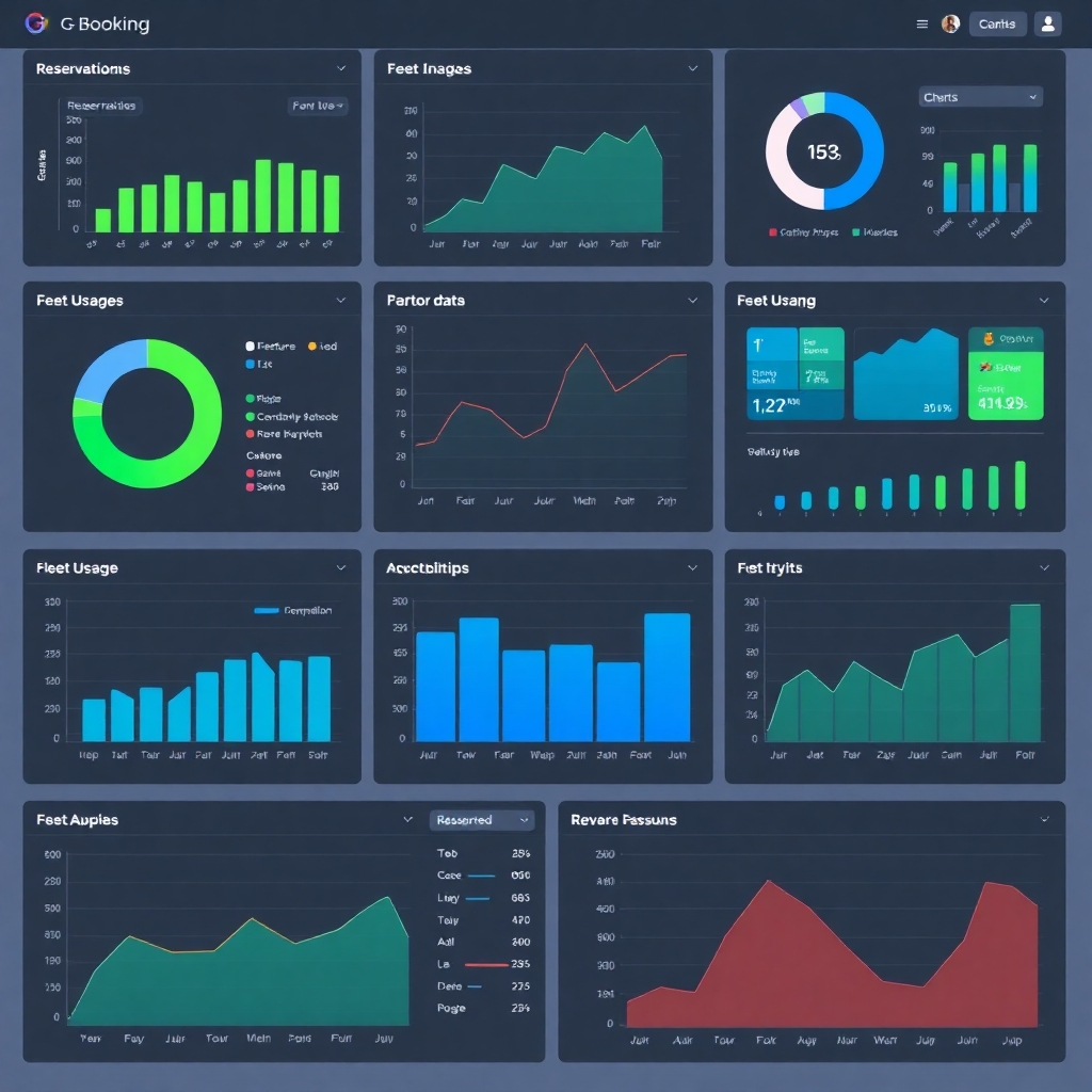 An image depicting an array of interactive charts and graphs from the G-Booking module. The charts should display data with various visual representations to provide a holistic view of reservations, fleet usage, revenue, and other relevant information. This should be visually appealing, with color-coded segments to highlight trends and key insights. The palette should consist of shades of blue, green, and gray, with subtle gradients used to enhance visual depth. The overall style should be modern and minimal.