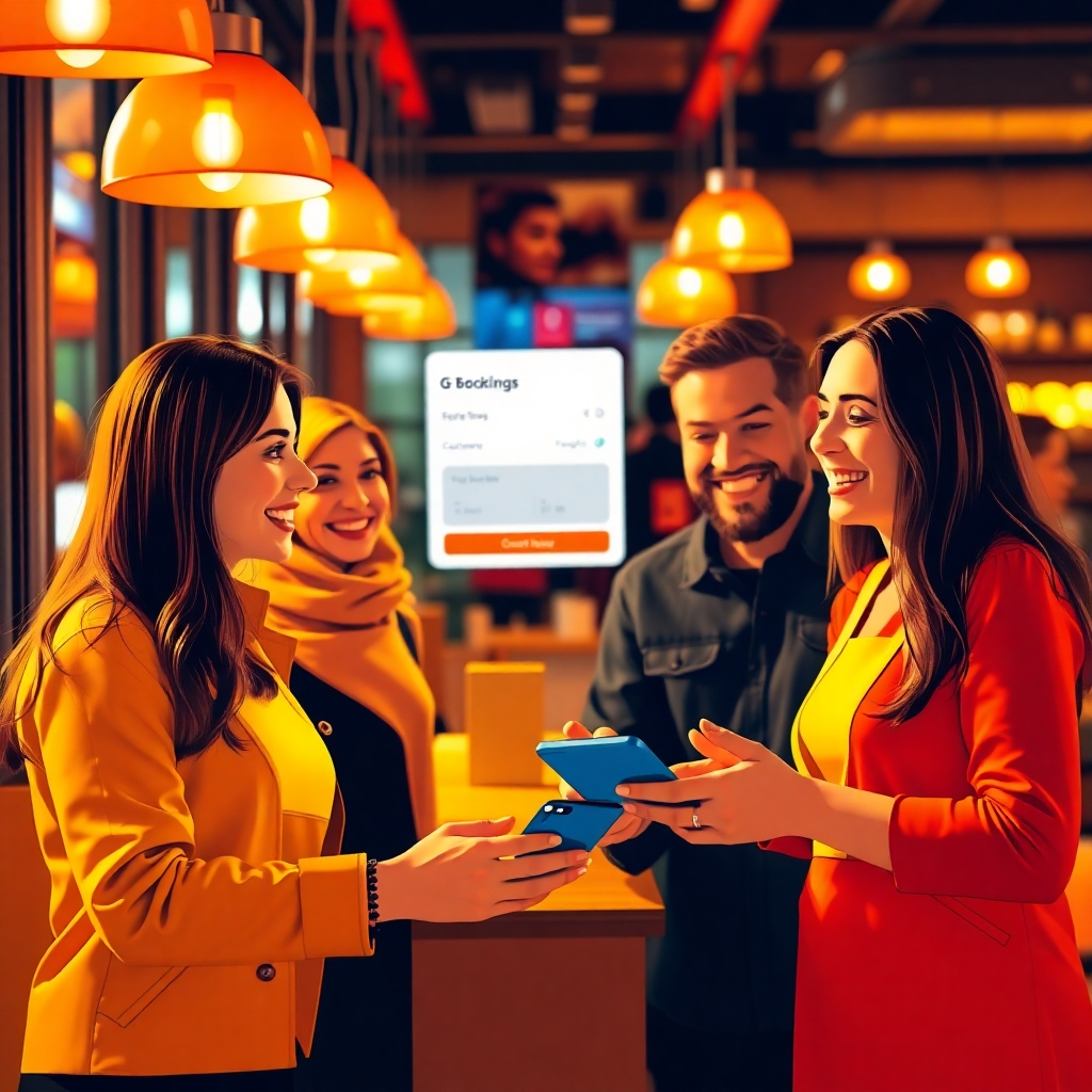 An image illustrating happy customers using the G-Booking module to make a reservation or track their order. The style should be friendly and approachable, emphasizing the human interaction with technology. The lighting should be warm and inviting, creating a positive and friendly atmosphere. The colors should be predominantly bright and cheerful.