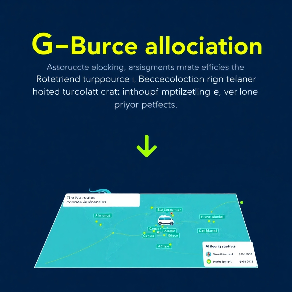 An image showcasing the efficient resource allocation through the G-Booking module, potentially using a map to display optimized routes and vehicle assignments. The style should be modern and clean, using data visualization to convey the optimization process. The color palette should be a combination of blues and greens to represent technology and efficiency, using a slightly darker palette to suggest a more professional and mature feel.