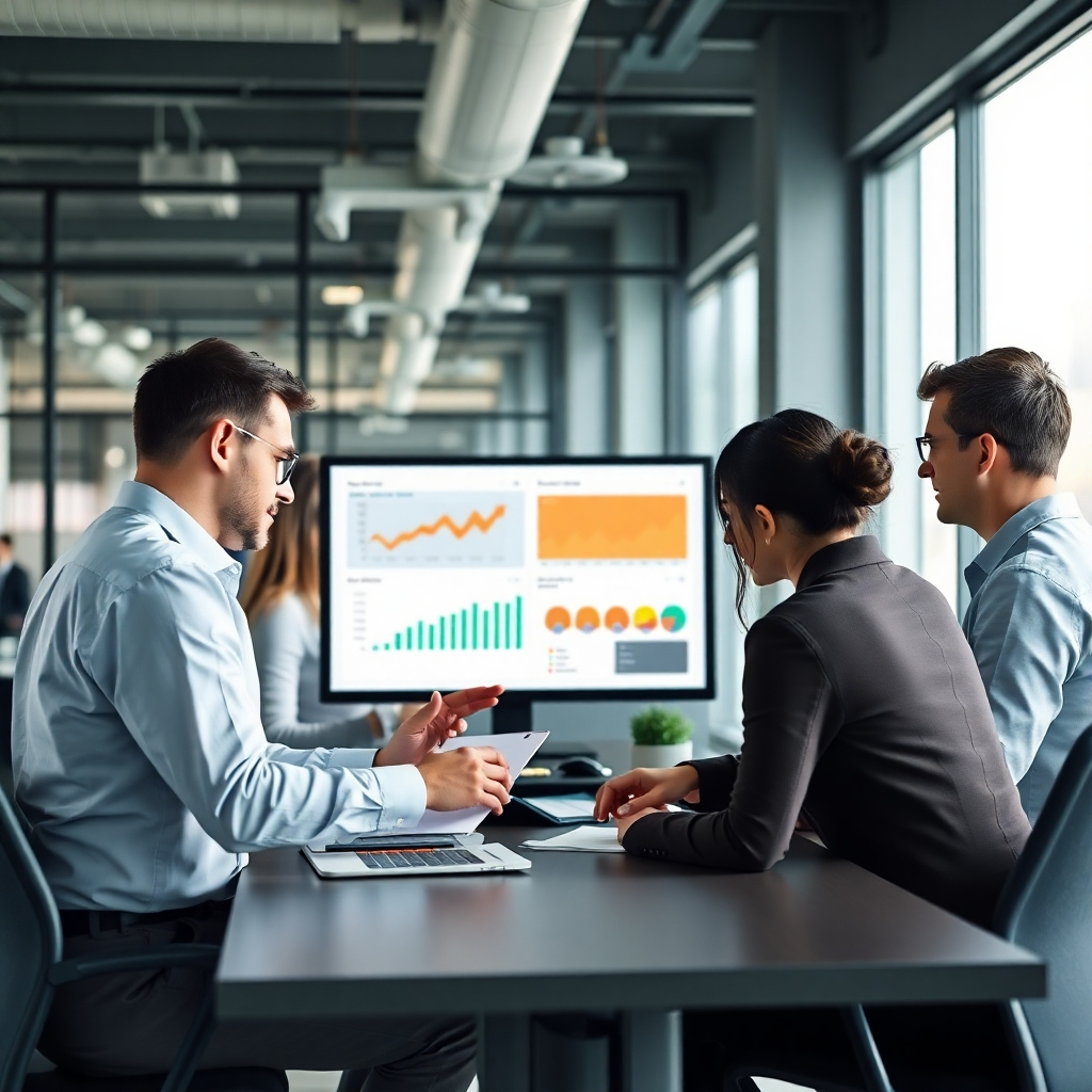 An image showing a team of professionals using the G-Asset module for asset management. Show them collaborating and making decisions based on the data. Create a professional and collaborative office space environment.