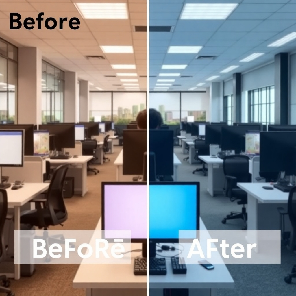 Photorealistic image of a business process being automated by G-Company's software.  The focus should be on how the software saves time and effort.  The color scheme is vibrant, showing automation and efficiency. The lighting is well-lit and clean. The camera angle should emphasize before and after results.