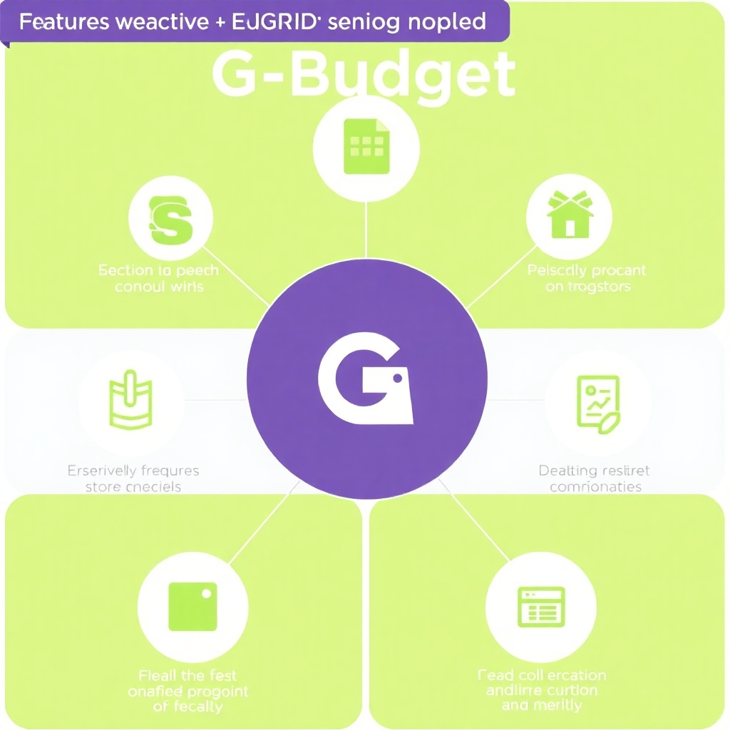 An infographic or diagram highlighting the various features of G-Budget module. Use a clean design with clear labels and icons to represent each feature.