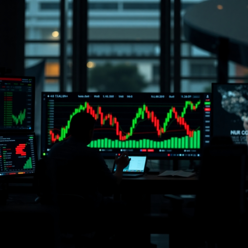 A photorealistic image showing students engaged in a dynamic trading training session, with charts, graphs, and educational materials visible. The background should subtly feature a classroom or online learning environment, conveying a sense of learning and growth.