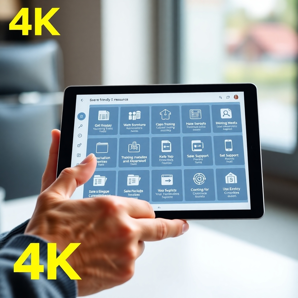 Create a 4K image of a person using a tablet with a user-friendly interface, displaying access to numerous resources, training materials and sales support tools.  The style is photorealistic, highlighting the user-friendly nature of the portal.