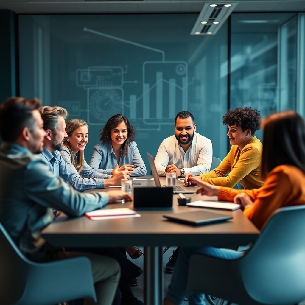 Create a 4K image showing a diverse team collaborating effectively around a table, showcasing effective communication, teamwork and shared goals.  The background includes subtle technology imagery and the color scheme reflects positivity and collaboration.
