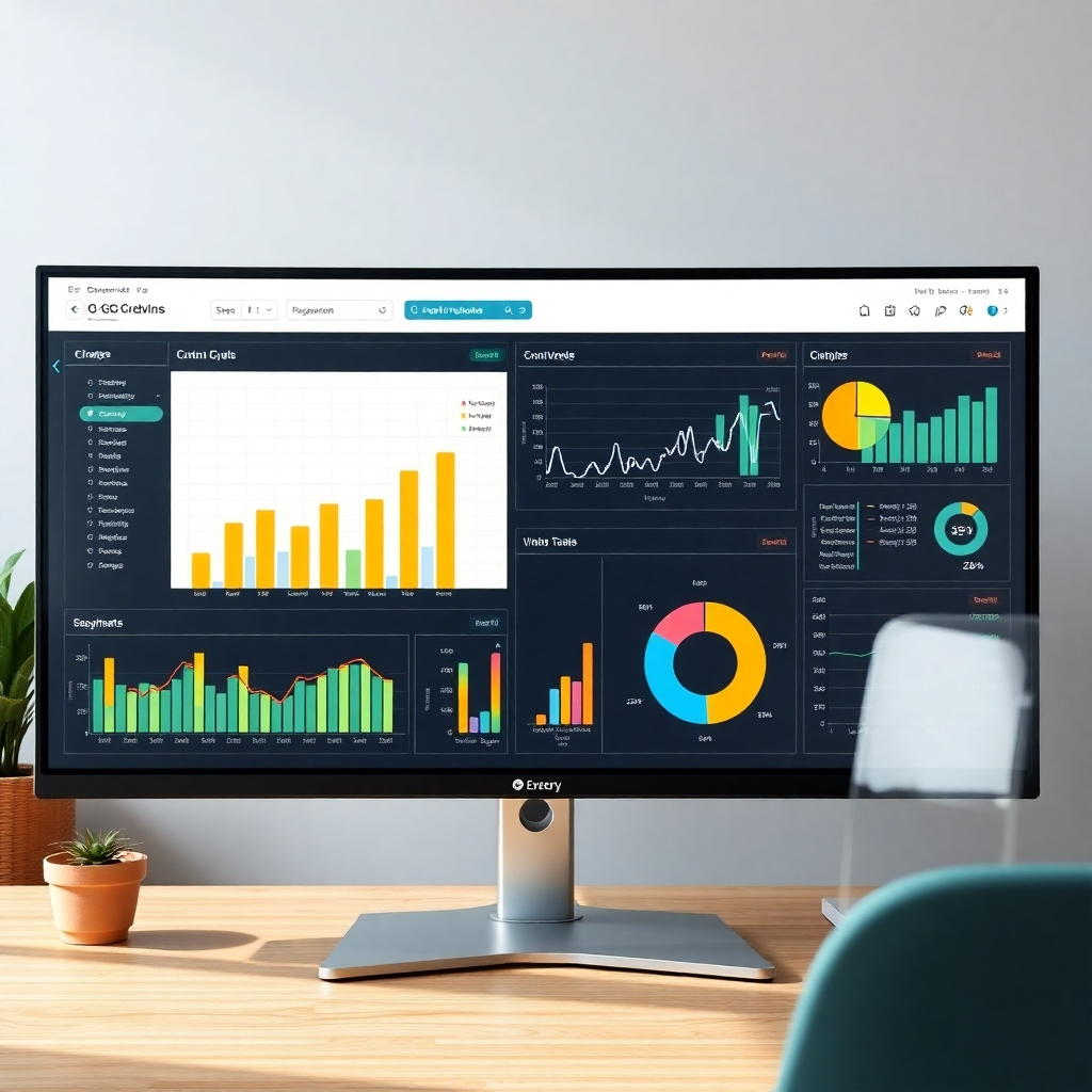 Create a photorealistic image of a large monitor displaying compelling charts and graphs generated from the G-Crewing module's reporting feature. Focus on clarity and ease of data interpretation. The color palette should be clean and professional, with a focus on readability. The resolution should be high (4K) to showcase the detailed information presented in the charts and graphs. The camera angle should be straight on, showcasing the data clearly.