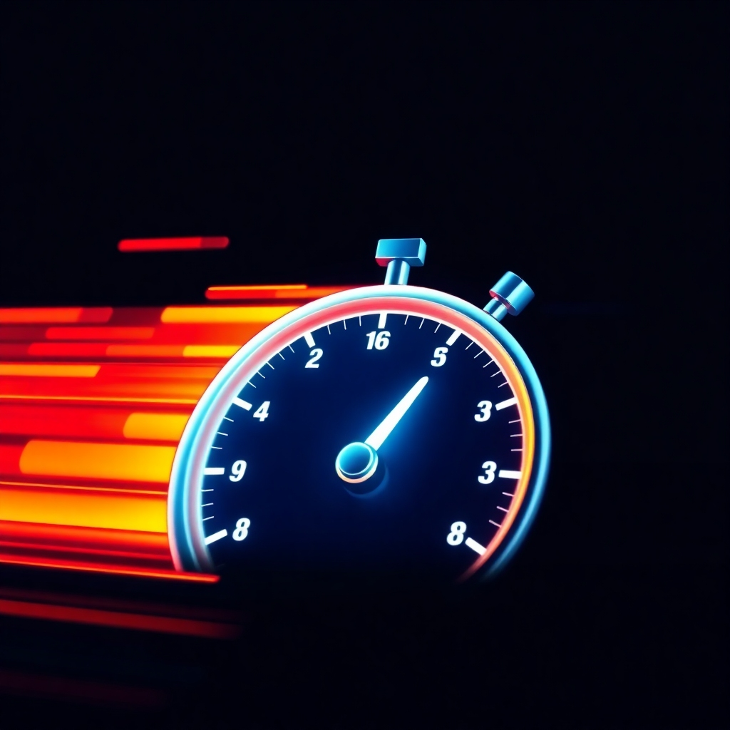 Create a stylized 4K image symbolizing speed and efficiency, such as a fast-moving digital signal or a stopwatch. Use sharp, vibrant colors to enhance the feeling of quick response times.