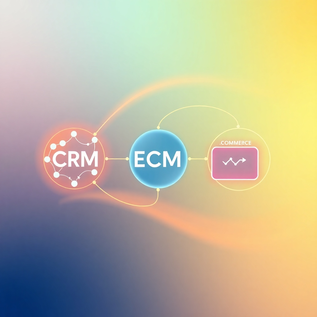 Create a stylized image representing the synergy between CRM, ECM, and E-commerce.  Visualize three distinct yet interconnected nodes: a CRM node as a network of connected people; an ECM node as a secure data vault; an E-commerce node as a vibrant online marketplace. These nodes are connected by flowing, luminous lines, representing data flow and integration. The color palette should be a blend of warm and cool colors, with vibrant blues, greens, and oranges.  The style should be clean and modern, with a focus on clear visuals and intuitive representation of the systems' interplay.  The lighting should be soft and diffused, creating a sense of harmony and balance.  The image should have a 4K resolution and a high level of detail, emphasizing the clean and modern lines. The overall style should be similar to minimalist graphic design, aiming for a visually appealing and easy-to-understand depiction of the integration concept.