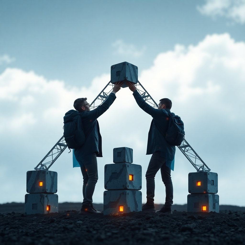 Generate a 4K image of a strong and lasting structure, subtly incorporating technology imagery.  The structure could be an abstract representation of a strong and lasting relationship, built on trust and mutual support.