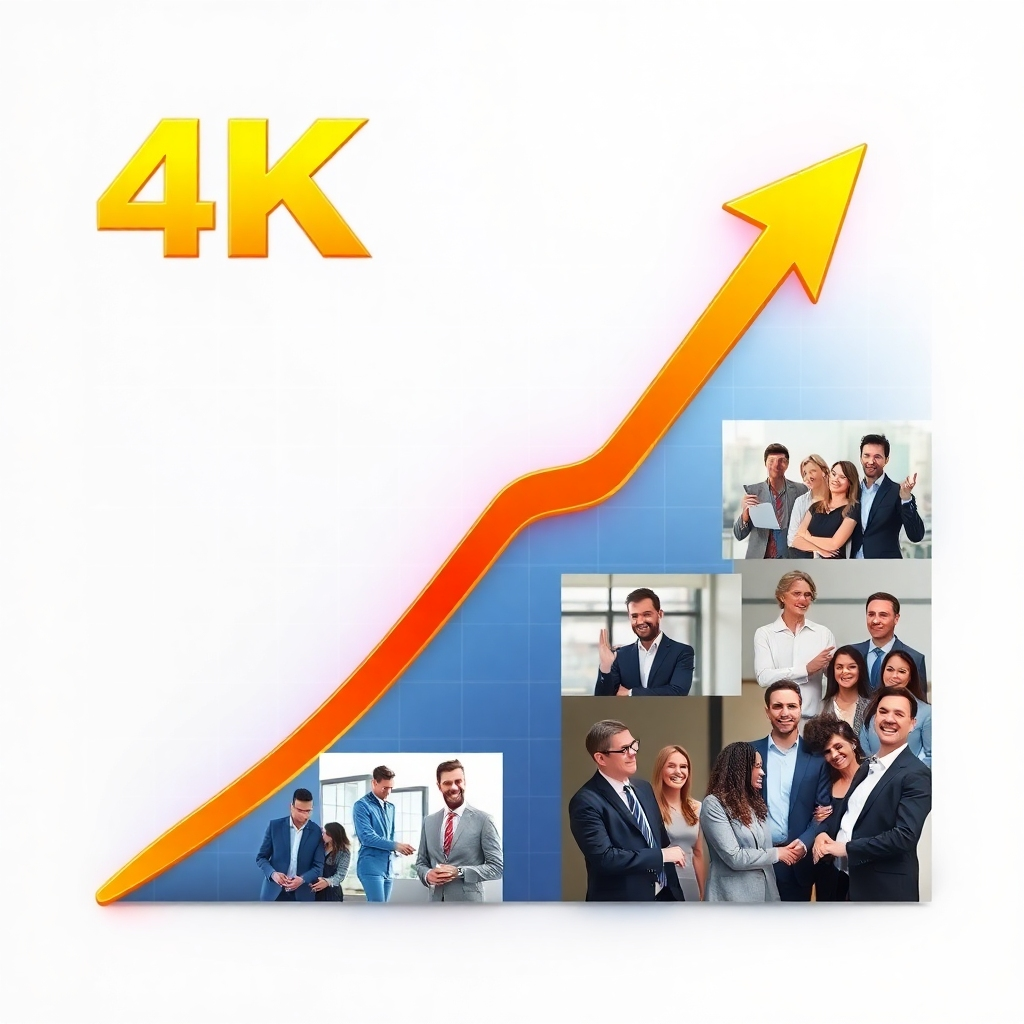 Generate a 4K image of an upward-trending graph with vibrant colors, representing exponential growth and earning potential. Integrate images of successful partnerships and happy clients to strengthen the visual message. Style should be sleek and modern.