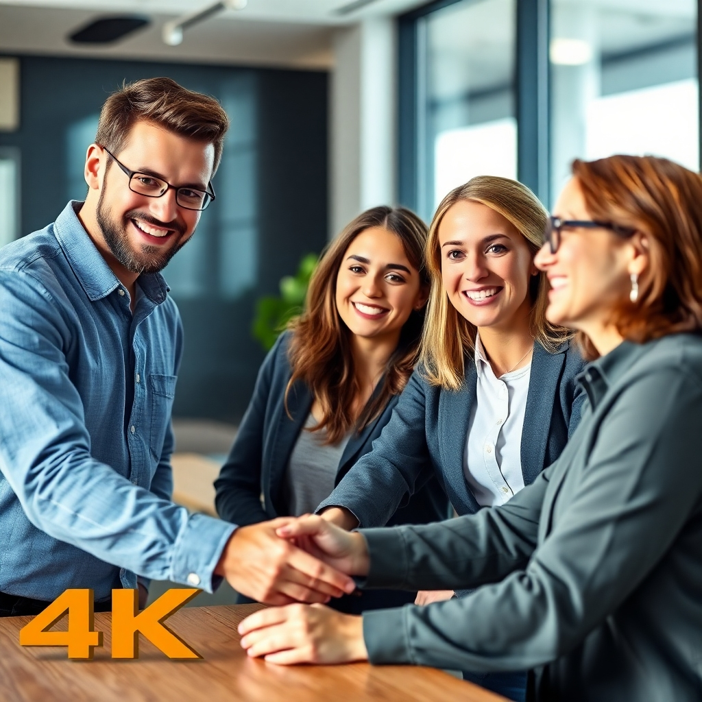 Generate a photorealistic 4K image of a friendly team assisting a client, conveying support and professionalism. The setting should be modern and inviting.