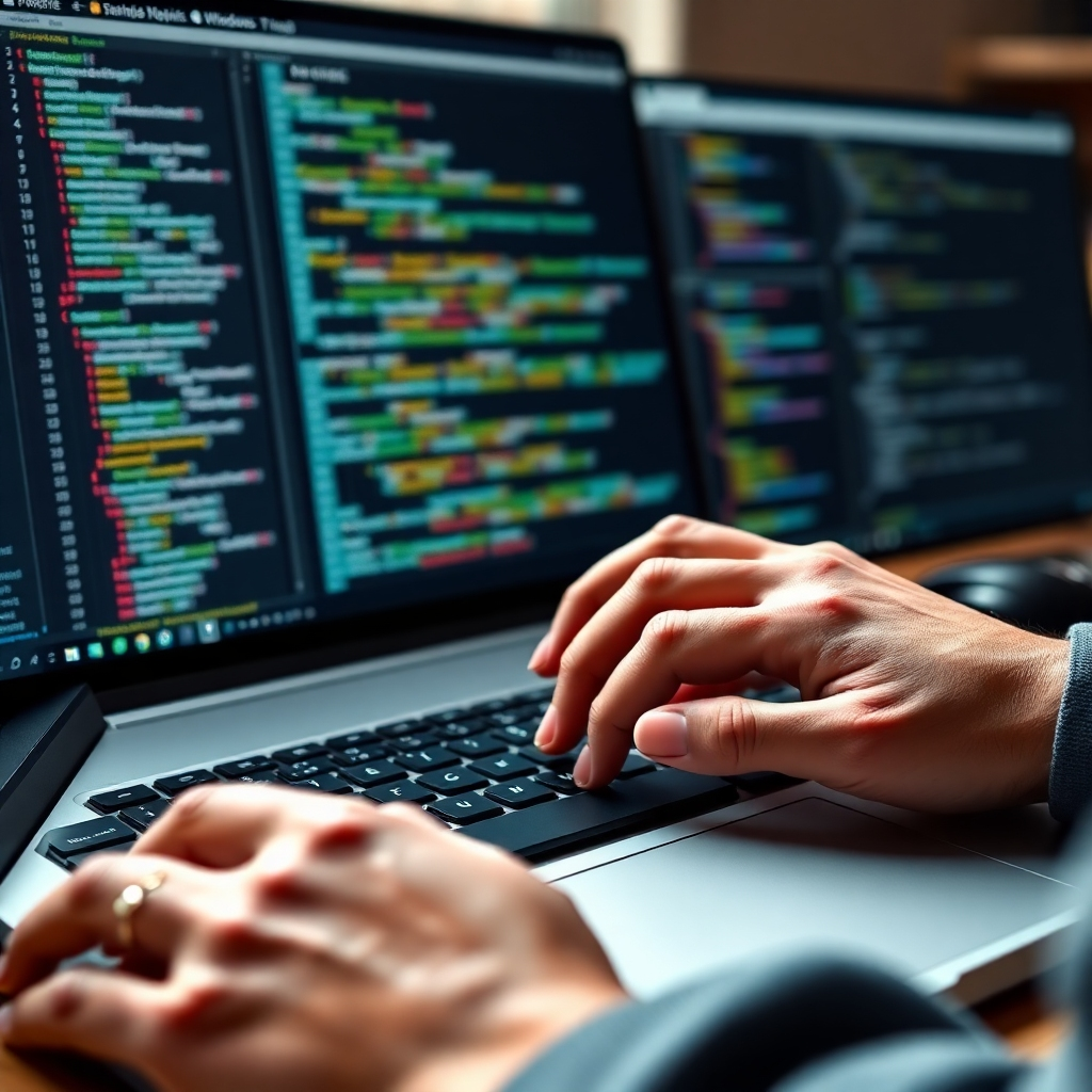 Image: A close-up shot of a developer's hands typing code on a laptop, with a partially visible screen showing snippets of code relating to web, mobile, and windows application development.  The background could include partially visible screens and application interfaces. Use a natural lighting, and focus on high-detail texture of the hands and laptop.  Style references include realistic photography and product photography. Resolution 4K.