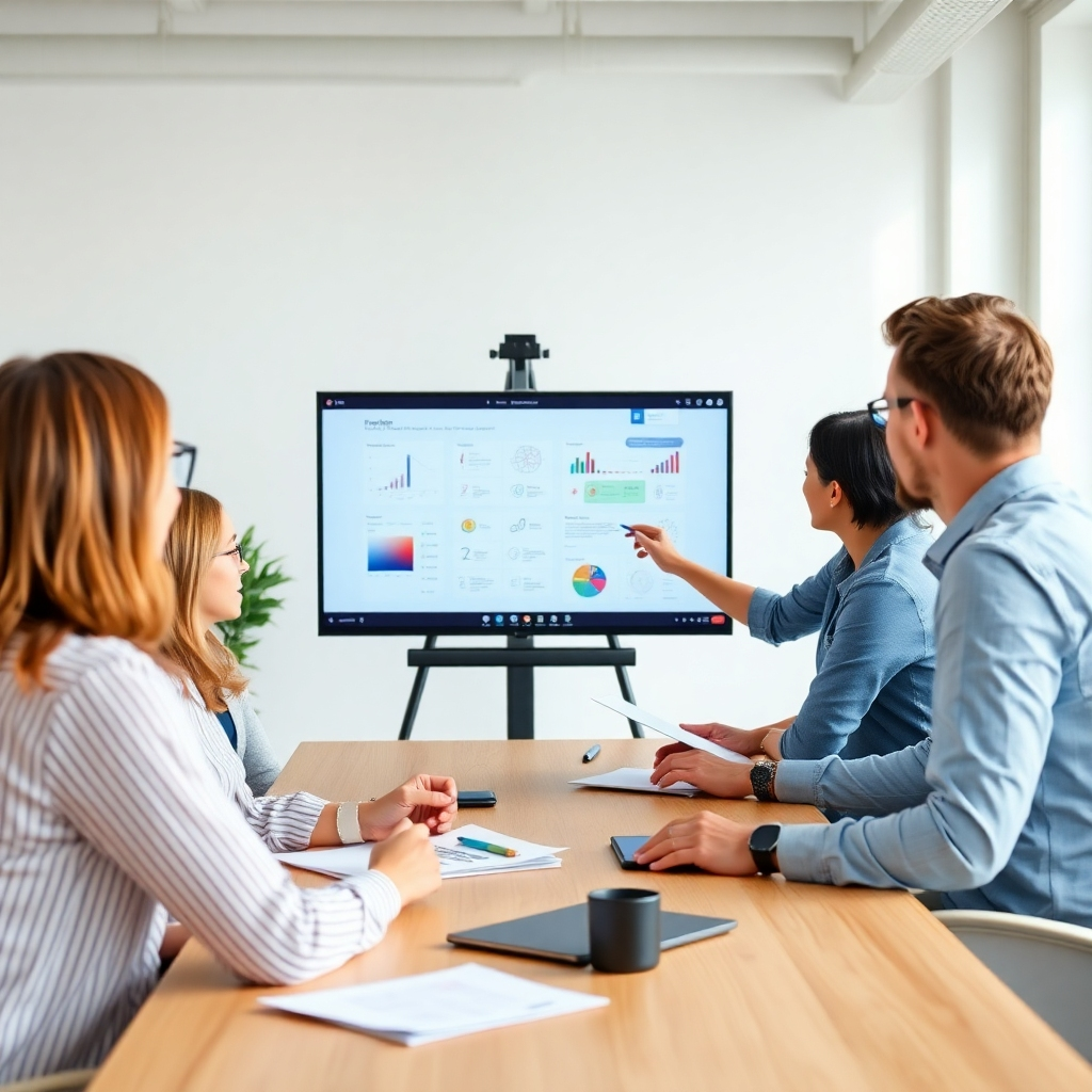 Image: A collaborative meeting between a client and development team, focusing on a shared screen or whiteboard displaying project plans and concepts. Style references include clean and modern office spaces. Use a natural lighting and a friendly atmosphere. Resolution: 4K.