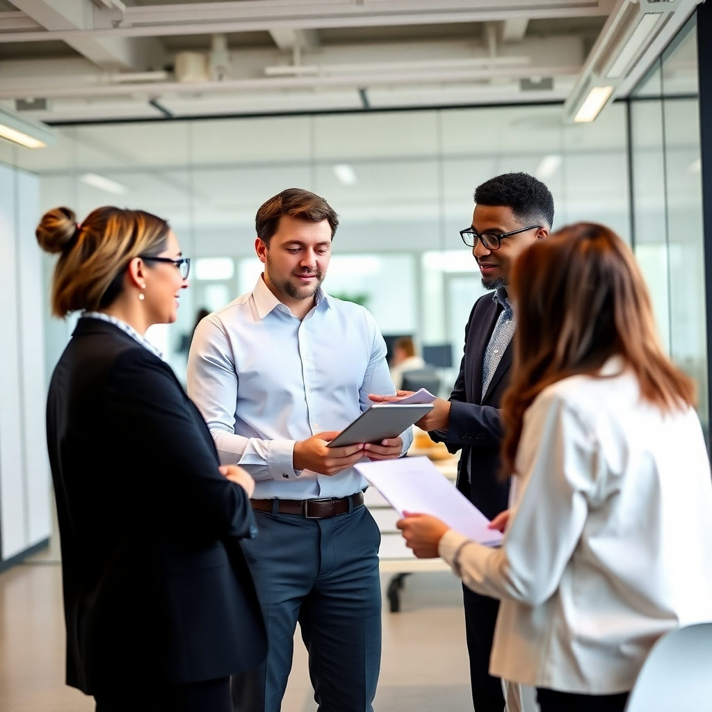 Image: A professional-looking project manager collaborating with a development team in a modern office setting. Style references include sleek and modern office spaces. Use a neutral color palette. Resolution: 4K.