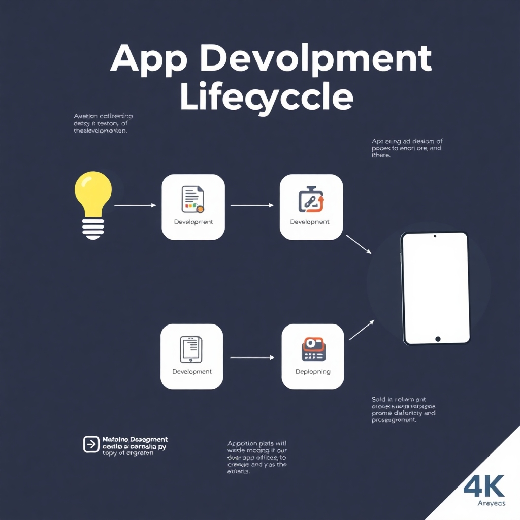 Image: A visual representation of the entire app development lifecycle, from ideation and design to development, testing, and deployment. Use a clean and professional design. Style references: Modern infographics and process diagrams. Resolution: 4K.