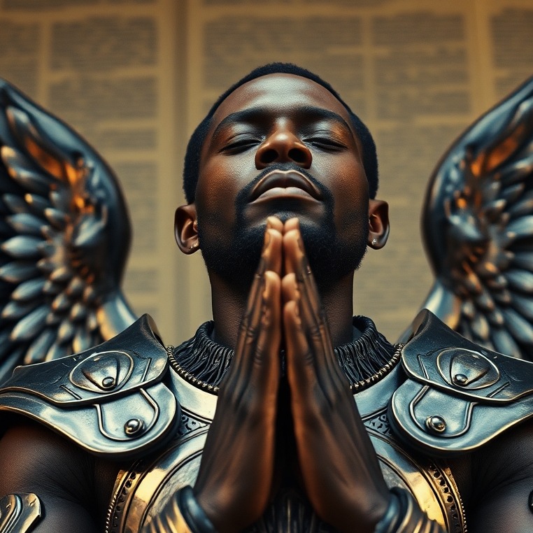 A photorealistic or painterly image representing prayer.  Include images of people praying or meditating. This will create a serene and spiritual ambiance, with a hopeful tone that draws the viewer into the scene. Use warm color palettes, soft lighting, and detailed textures.  The image could show hands clasped in prayer, peaceful landscapes, or symbolic religious imagery.