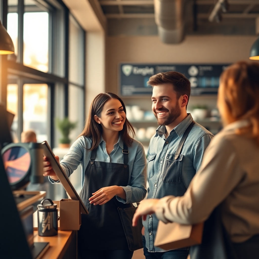 Photorealistic image depicting happy customers interacting effortlessly with a business using a fully integrated system. Use a warm, inviting color palette to create a positive and friendly atmosphere.  The image resolution should be 4K, with a focus on the seamlessness of the customer experience.