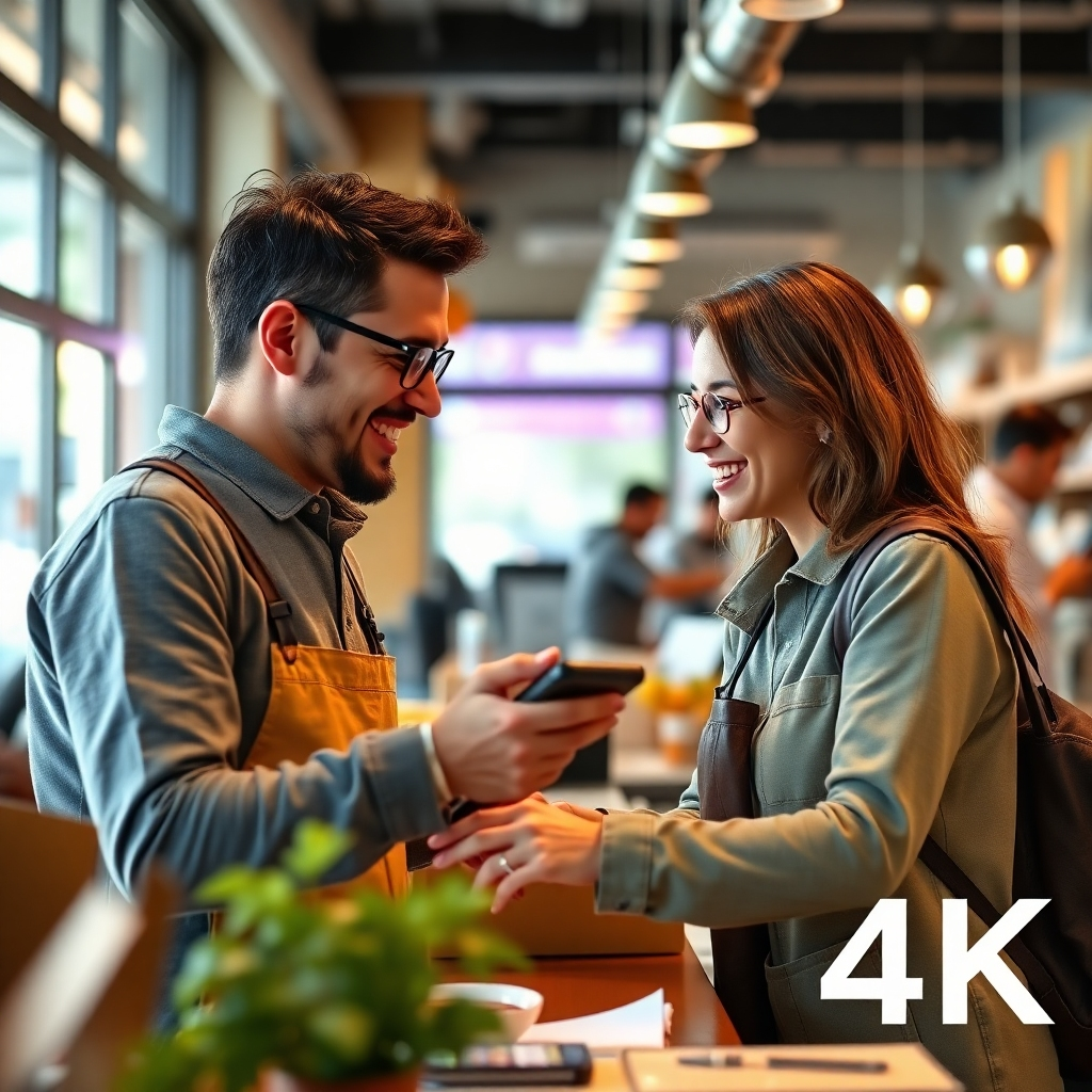 Photorealistic image depicting happy customers interacting with a business using an integrated system. Use a warm, inviting color palette to create a positive and friendly atmosphere. The image resolution should be 4K, focusing on the seamlessness of the customer experience.