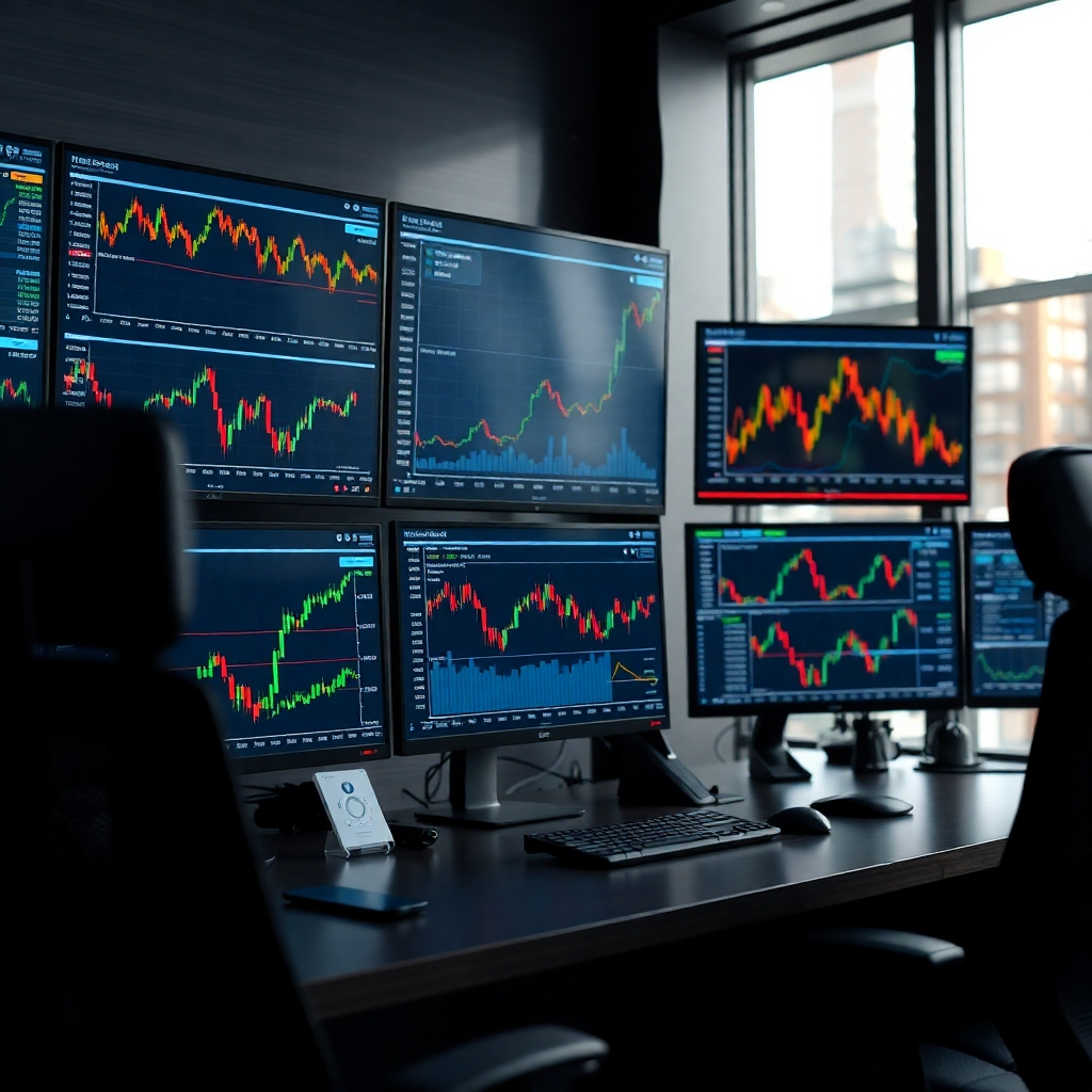 Photorealistic image depicting a trader's workstation with multiple screens displaying complex financial charts and graphs, showing successful trades highlighted. The scene is sleek and professional. High quality 4K resolution