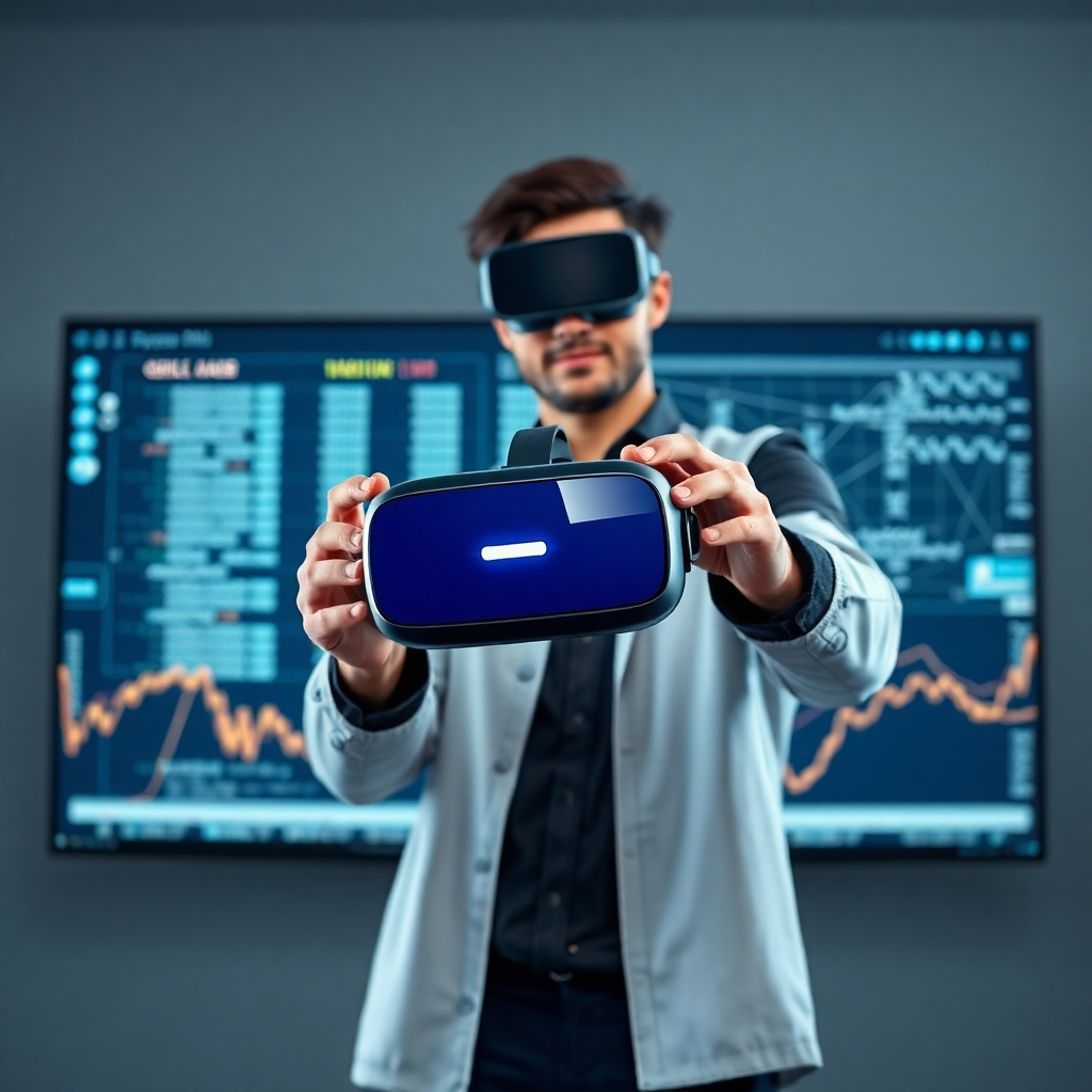 Photorealistic image depicting a person confidently holding a virtual reality headset in front of a large monitor, displaying complex blockchain transaction data. The setting is futuristic. The lighting should enhance the high-tech look of the scene. High quality 4K resolution