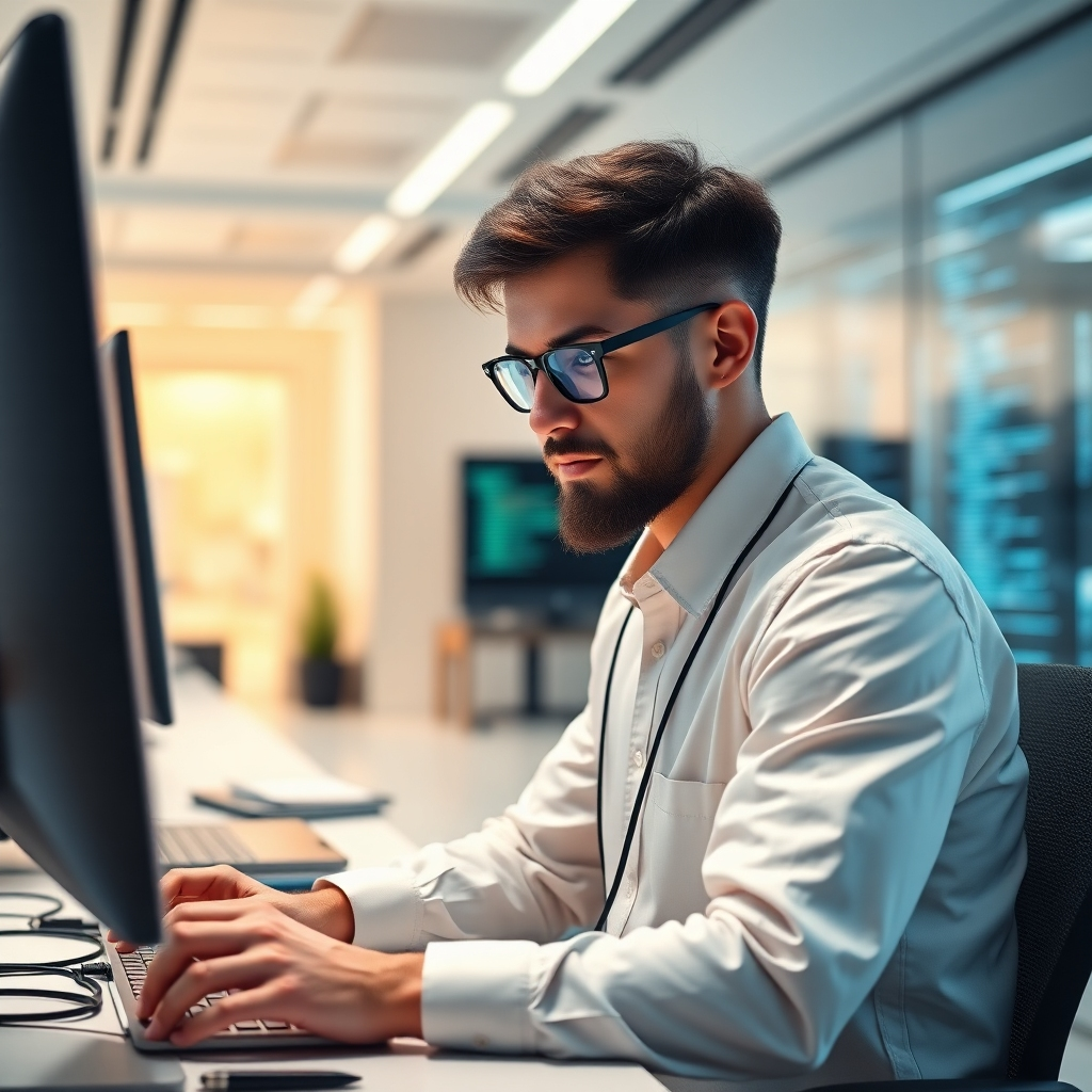 Photorealistic image of a developer working on a dApp, showcasing snippets of code. The background is a futuristic office. The lighting should be natural and bright. High quality 4K resolution.