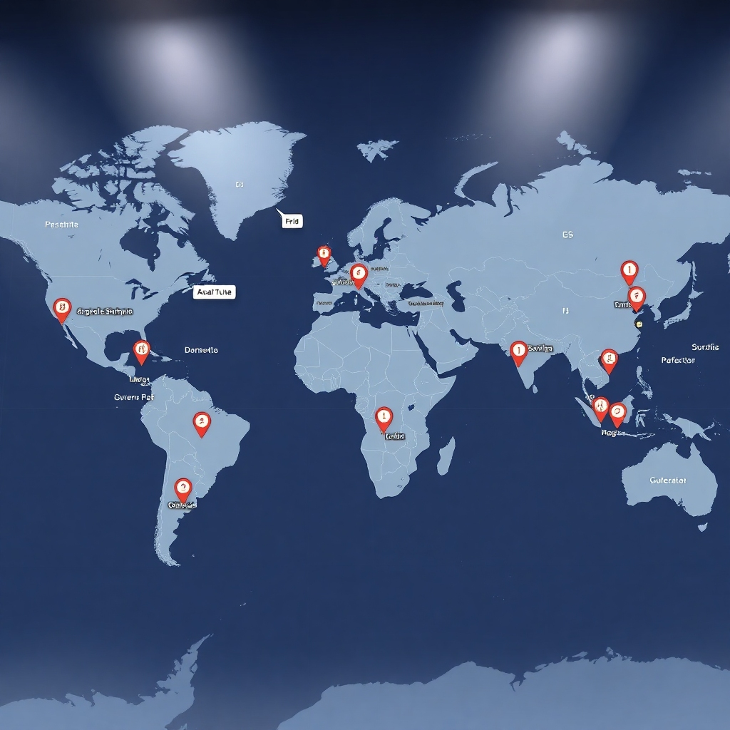 Photorealistic image of a large digital map displaying real-time shipment locations via GPS tracking. The map should show various delivery points around the world, and data points should be clearly displayed in a user-friendly interface. The style should be modern and functional, with a focus on clear communication of shipment data.