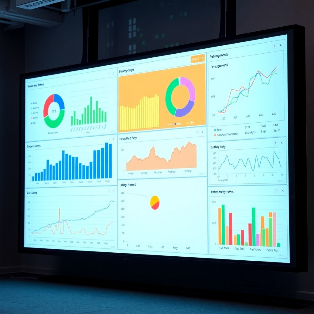 Photorealistic image of a large screen displaying data visualizations, such as charts and graphs, generated by the G-Crewing module. Emphasize the clarity and ease of data interpretation. Use a clean, professional style and a high resolution.