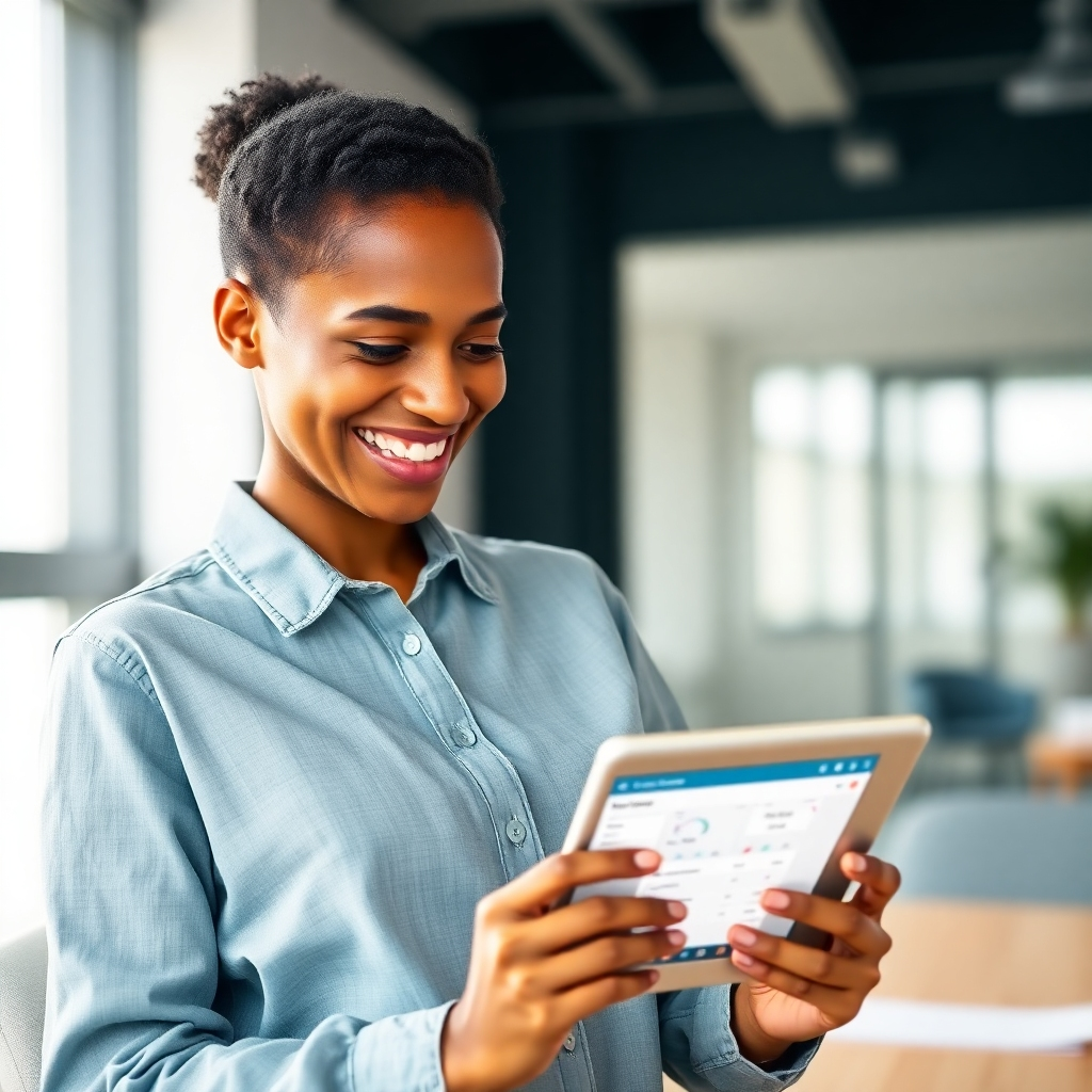 Photorealistic image of a person smiling while looking at a tablet showing a simplified shipment tracking interface. The background should be a modern office with soft, natural lighting, and a calm color palette. The overall style should be clean, simple, and focus on the user's positive experience.