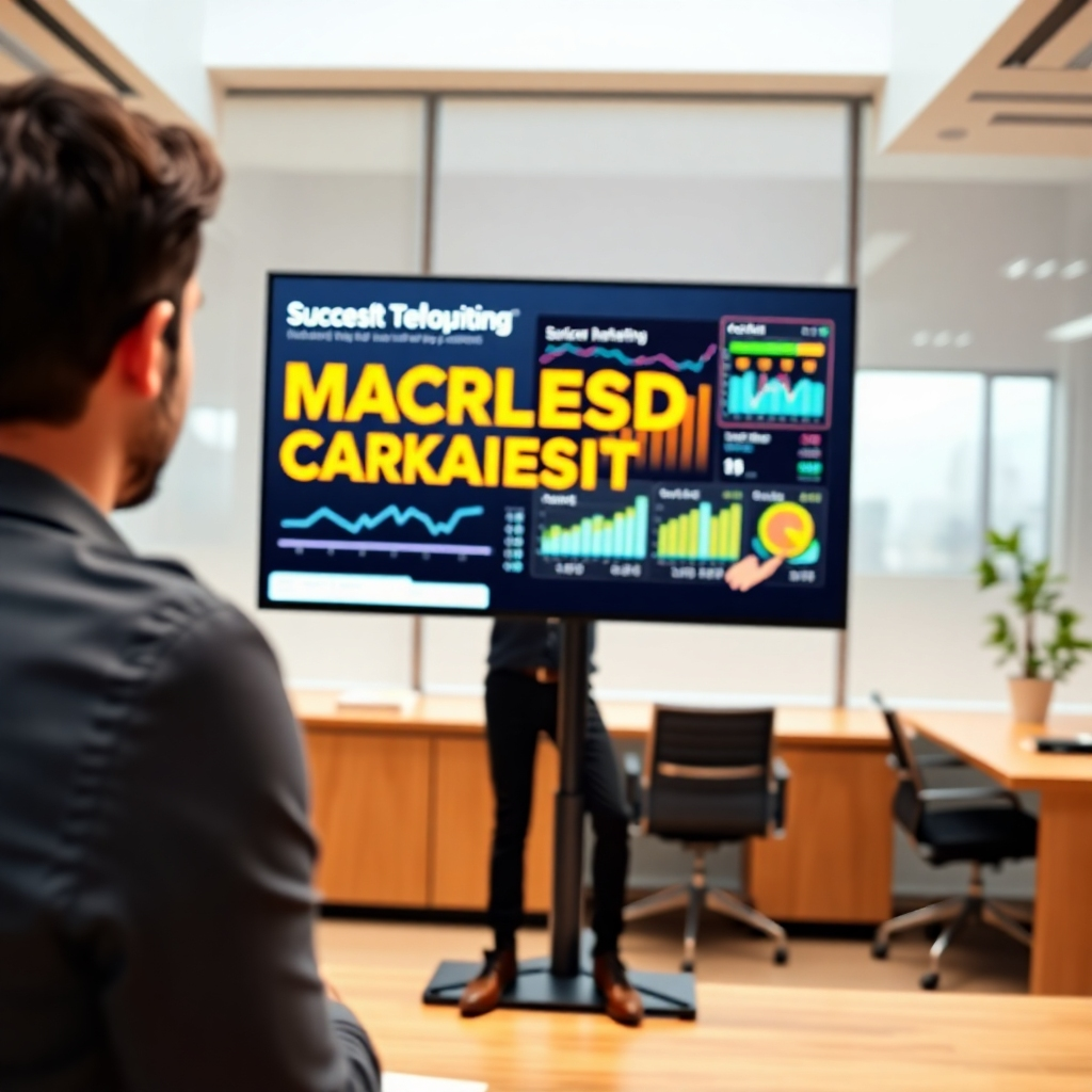 Photorealistic image of a person confidently presenting a successful marketing campaign on a large monitor. The background is a modern office, suggesting success. The scene should be well-lit, showcasing the vibrant data on the screen, symbolizing success in digital marketing. High quality 4K resolution.