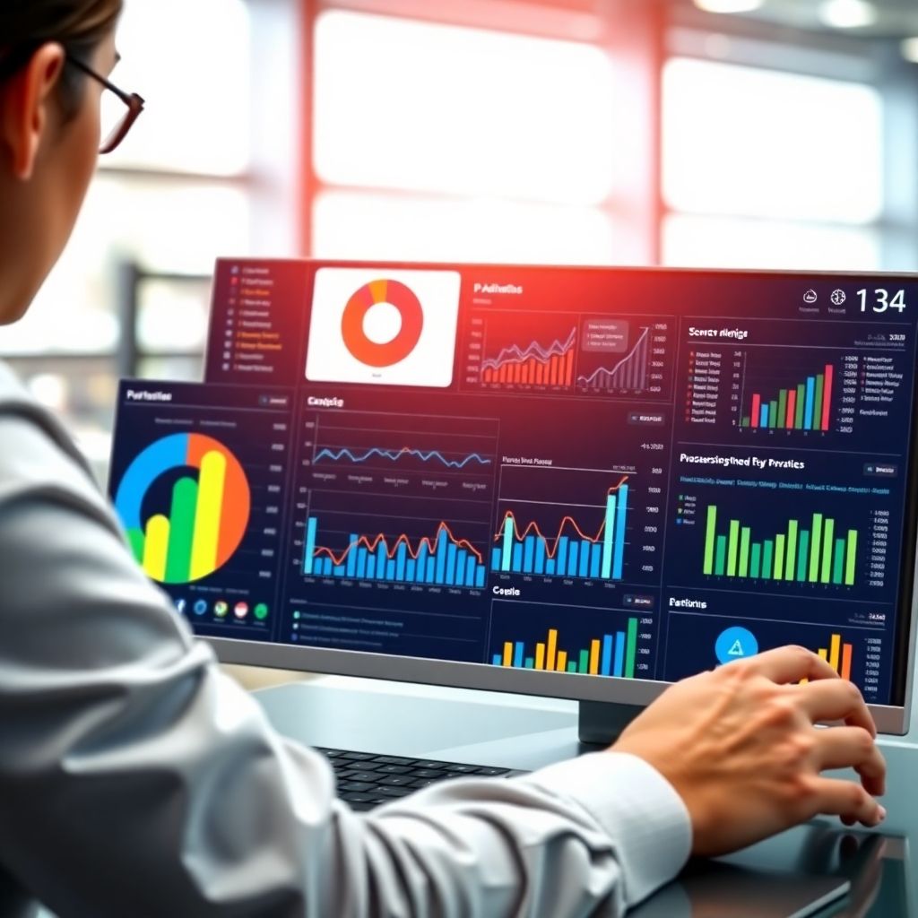 Photorealistic image of a person using a dashboard that displays integrated data from various business systems.  The data should be visually engaging and meaningful, showcasing insights.  Focus on data clarity, ease of access, and insightful representation of key metrics.  Use a modern and sleek user interface and a color palette that conveys confidence and professionalism.