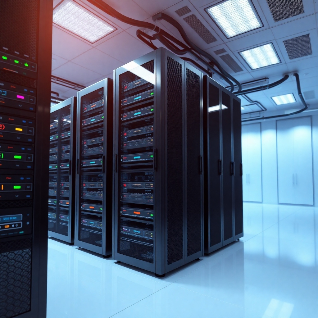 Photorealistic image of a server room with multiple servers running smoothly, indicating high reliability. Use a clean and modern style to depict technological prowess and system stability.