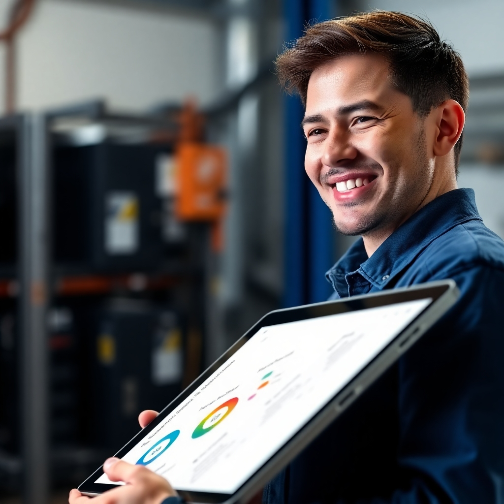 Photorealistic image of a technician smiling at a tablet displaying a clean, intuitive dashboard of the G-Repair module. The image should be brightly lit with a modern and clean aesthetic. The dashboard should clearly show key performance indicators and summaries of recent activities, highlighting efficiency and ease of use.