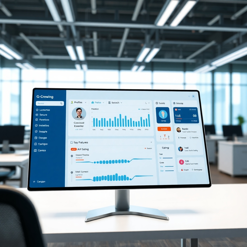 Photorealistic image showcasing the user-friendly dashboard of the G-Crewing module.  Show key features clearly, like sailor profiles, scheduling, and communication tools. The color palette should be clean and intuitive. The camera angle should be from a user's perspective, emphasizing ease of use. The scene should be set in a brightly-lit office environment. The resolution should be high, showing fine details of the interface. Style should be sleek and modern.