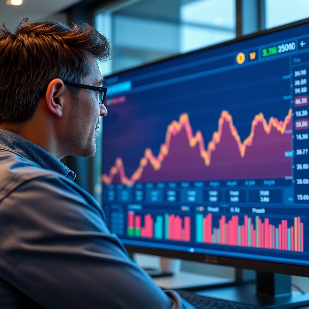 Photorealistic image showing a person looking confidently at a cryptocurrency portfolio chart on a large monitor, with positive indicators. The scene is well-lit and modern. High quality 4K resolution