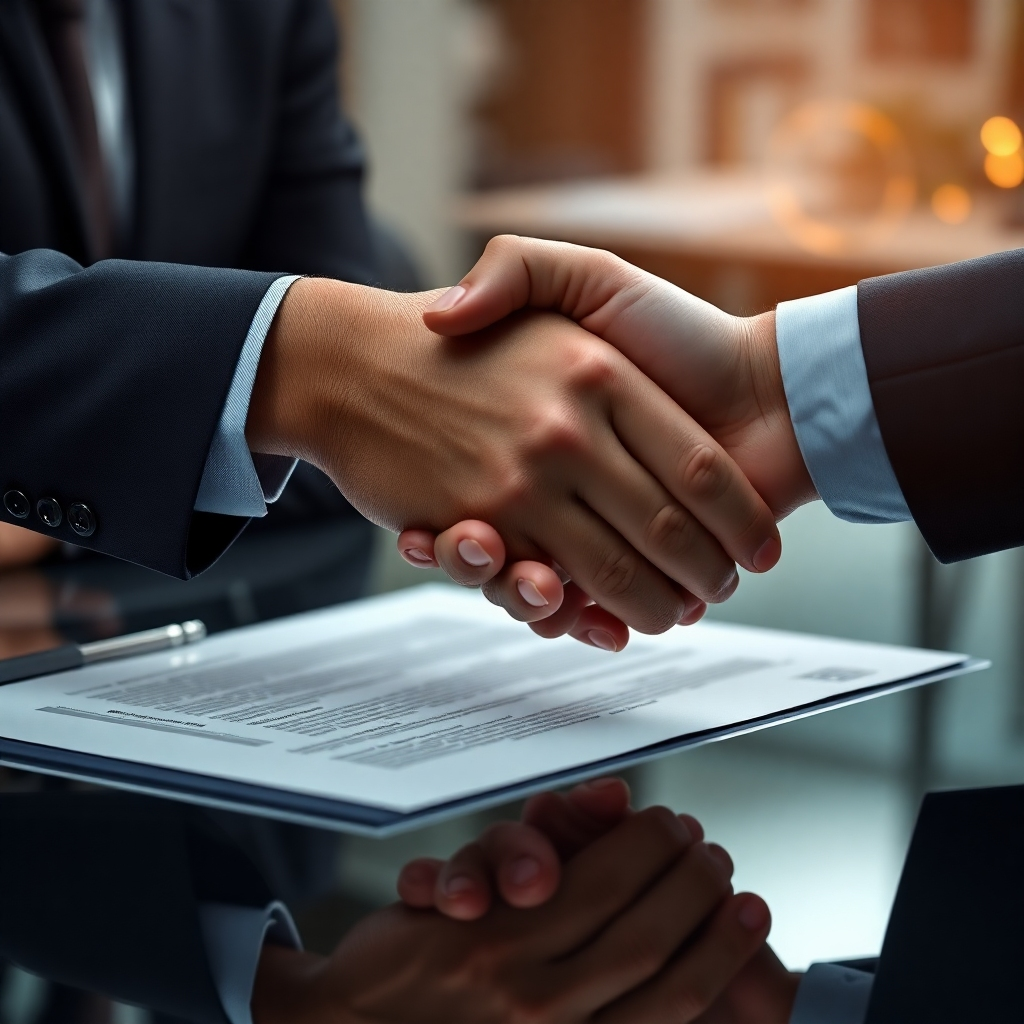 Produce a photorealistic 4K image illustrating two hands shaking on a contract, symbolizing a strong business partnership. The background should subtly hint at technology and innovation. The mood should be professional, trustful, and optimistic.