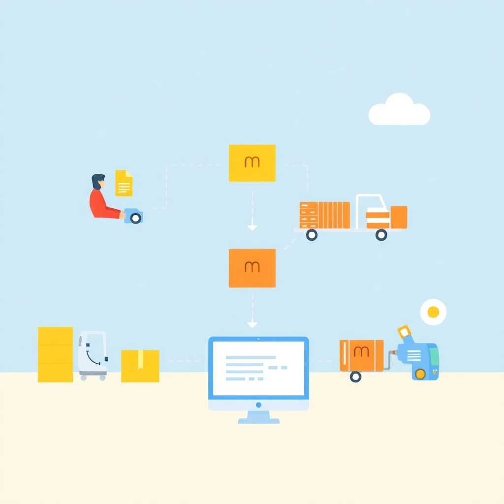 Stylized animation depicting automated workflows for shipping tasks. Use bright colors and smooth animations to convey a sense of efficiency and ease of use. The overall style should be dynamic and visually appealing.