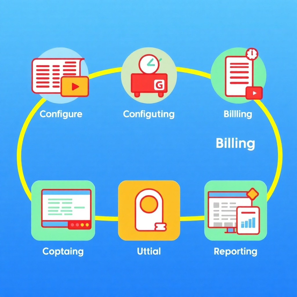 Stylized illustration depicting icons or graphics representing each key feature (configuration, shipping, billing, reporting). Use bright, distinct colors and a visually appealing style to emphasize the comprehensive functionality of G-Shipment.