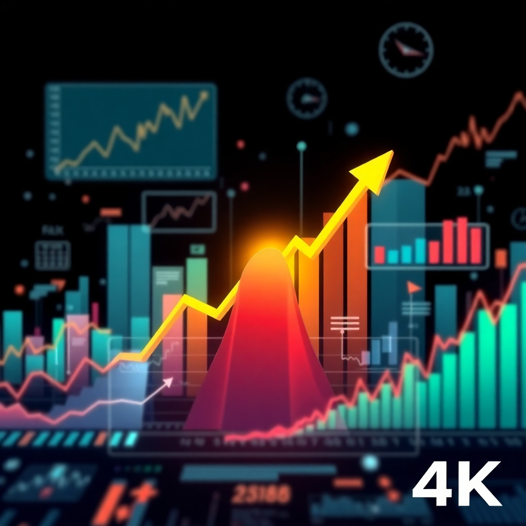 Stylized image depicting various financial charts, graphs, and indicators, converging towards a single point of significant growth or profit. Use a color scheme representing financial success and growth. The overall style should be sleek, modern, and highly stylized, suggesting the complexity and precision of trading. High-quality 4K resolution