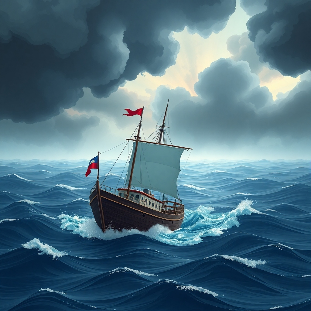 Stylized image using a metaphor representing risk management (e.g., a ship navigating a stormy sea). High quality 4K resolution