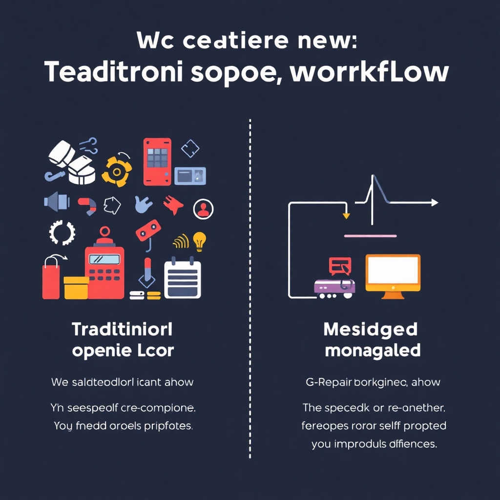 Stylized infographic showing a comparison between a traditional repair shop workflow (complex, messy) and a G-Repair-managed workflow (streamlined, efficient).  Use contrasting colors to illustrate the difference, emphasizing the improved speed and simplicity.