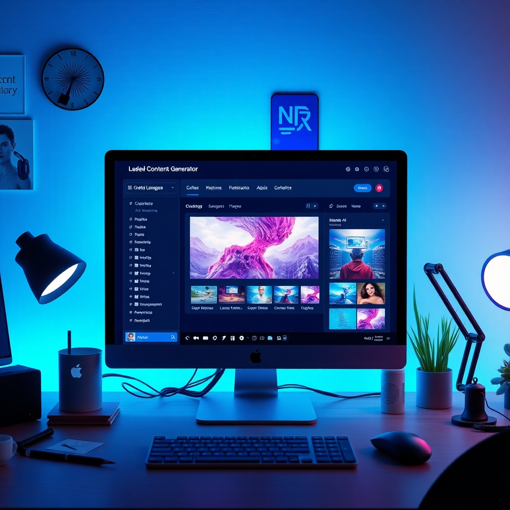 A creative workspace with a computer screen displaying an AI-based content generator interface. The setting includes digital art elements, automatic text editors, and images being created in real-time, symbolizing the synergy of automation and creativity.