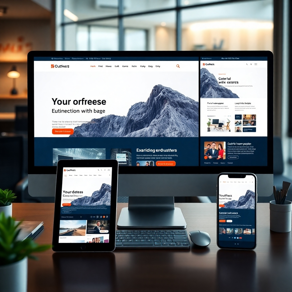 A detailed image showing a website optimized for speed across devices, with performance metrics and accessibility overlays visible on desktop, tablet, and smartphone in a modern workspace.