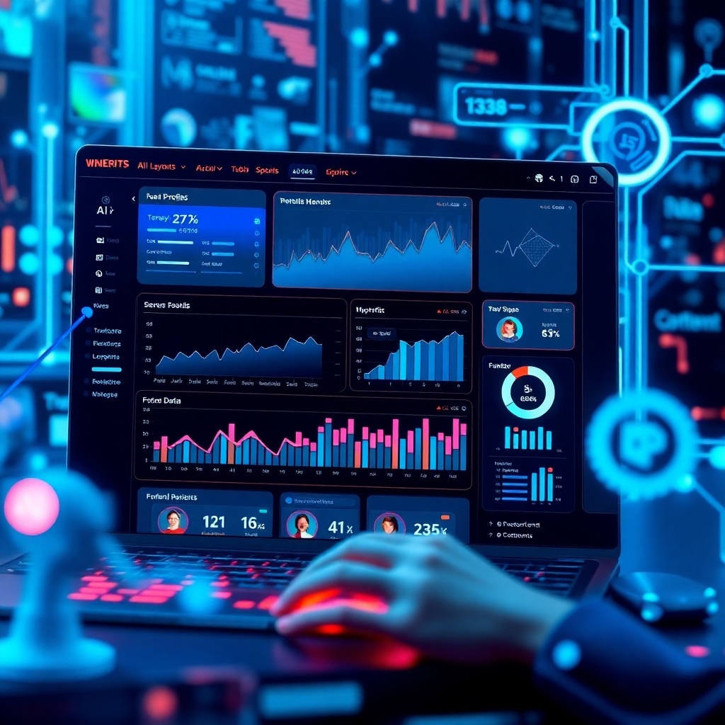 A digital artwork representing AI analyzing user data to personalize a website layout. Show a futuristic dashboard with graphs, user profiles, and dynamic content changing in real-time. Include visual elements like artificial intelligence icons and digital interfaces.