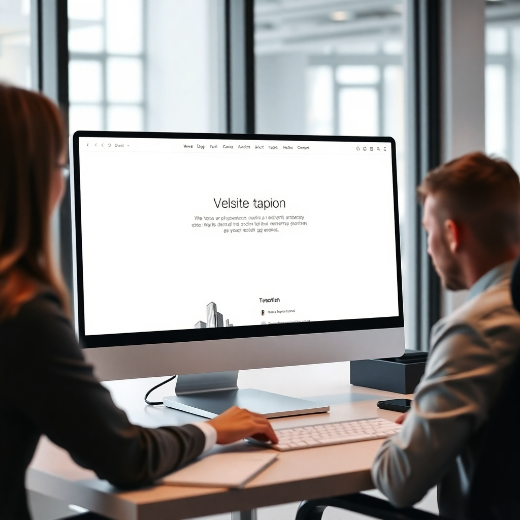 A photorealistic display highlighting a bold website layout with strong contrast, large headings, clear call-to-action buttons, and focused content blocks; a designer adjusting elements on-screen in a bright studio.