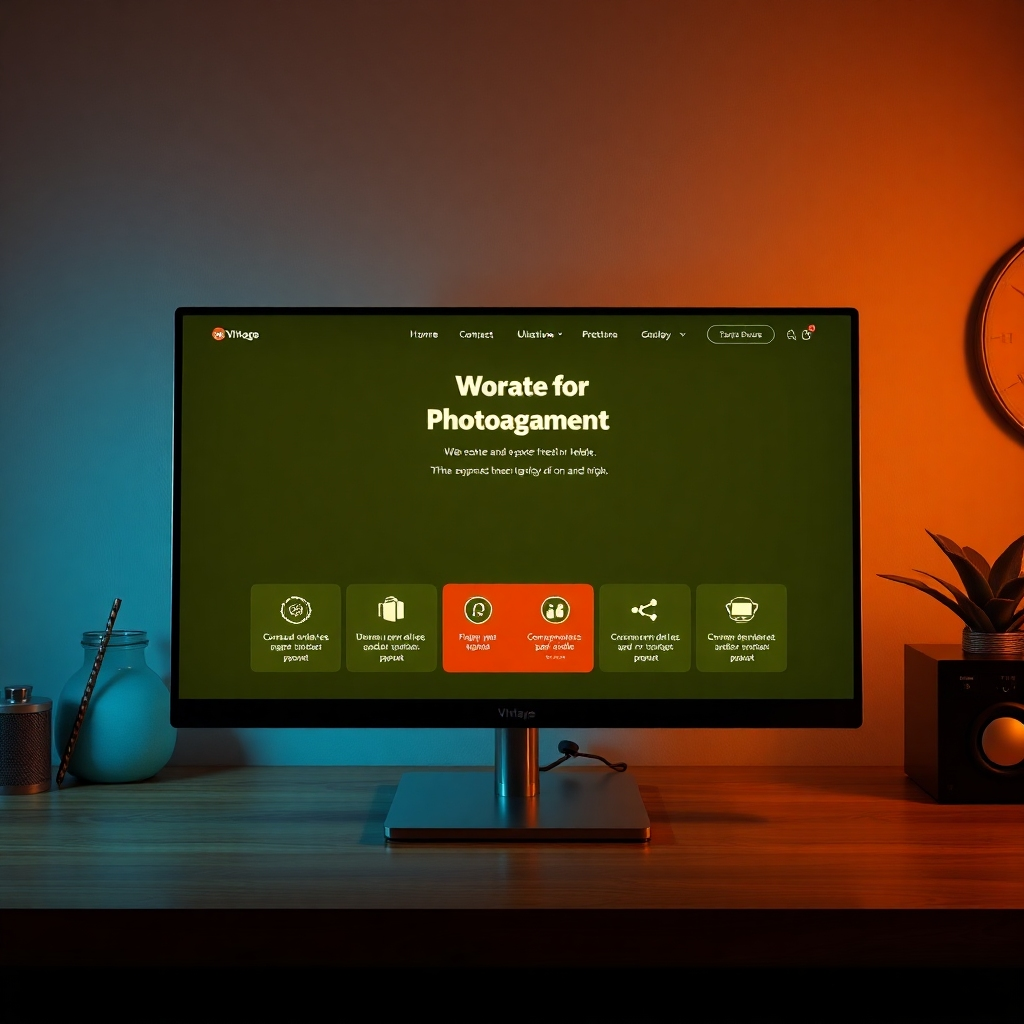 A photorealistic website design interface featuring a blend of vintage and modern elements. Include classic typography, retro color palettes, and contemporary layout features. The screen should display a clean and intuitive navigation bar, with icons reflecting vintage styles.