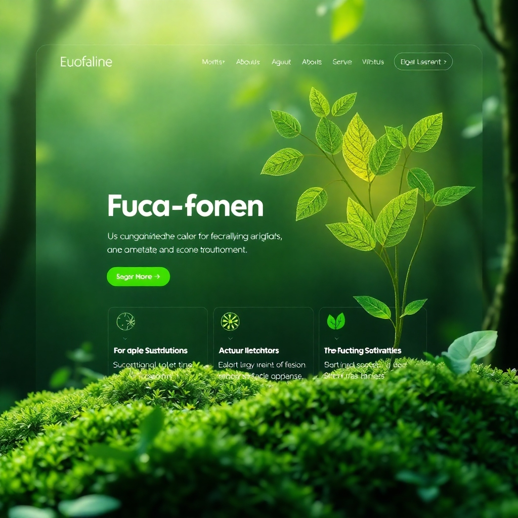 An eco-friendly website design concept showcasing sustainable elements. Include green color themes, nature-inspired graphics, and energy-efficient symbols. The layout should blend seamlessly with organic shapes and textures, reflecting modern web aesthetics infused with an environmental message.