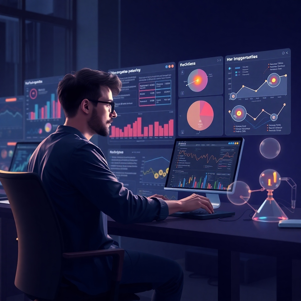 An illustration depicting a web designer collaborating with a machine learning system. Visual elements include charts showing user engagement analytics, while the layout evolves into various creative structures, highlighting the partnership between human intuition and AI-driven insights.